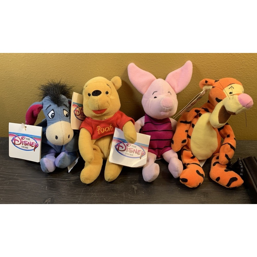 Lot Of 4 Disney Store Mini Bean Bag Plush, Winnie the Pooh Tigger Eeyore Piglet